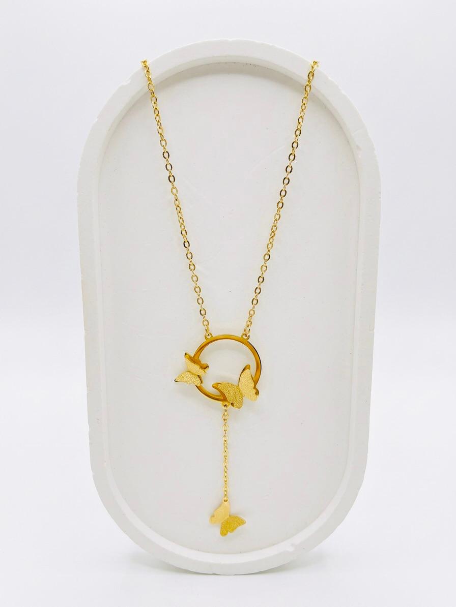 Golden Stainless Steel Triple Butterfly Pendant Necklace