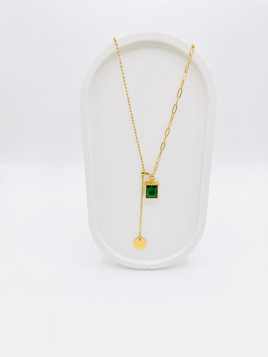 Golden Stainless Steel Green Onyx Pendant Necklace