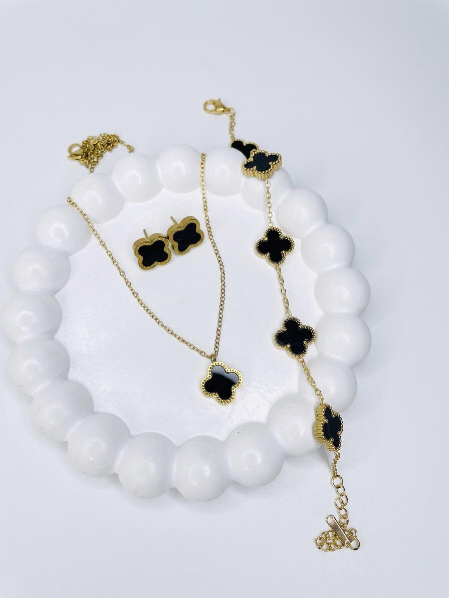 Stainless Steel Black Clover 3-Piece Jewelry Set