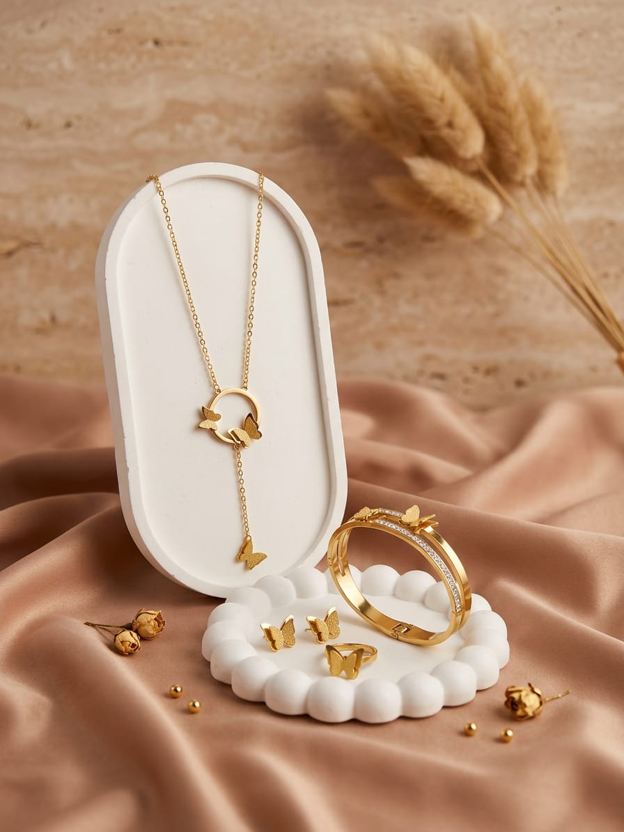 Golden Stainless Steel Butterfly 4-Piece Jewelry Set