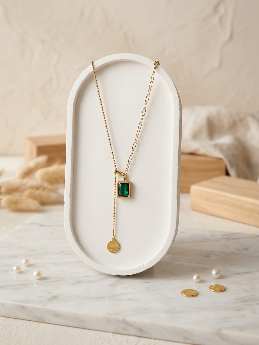 Golden Stainless Steel Green Onyx Pendant Necklace