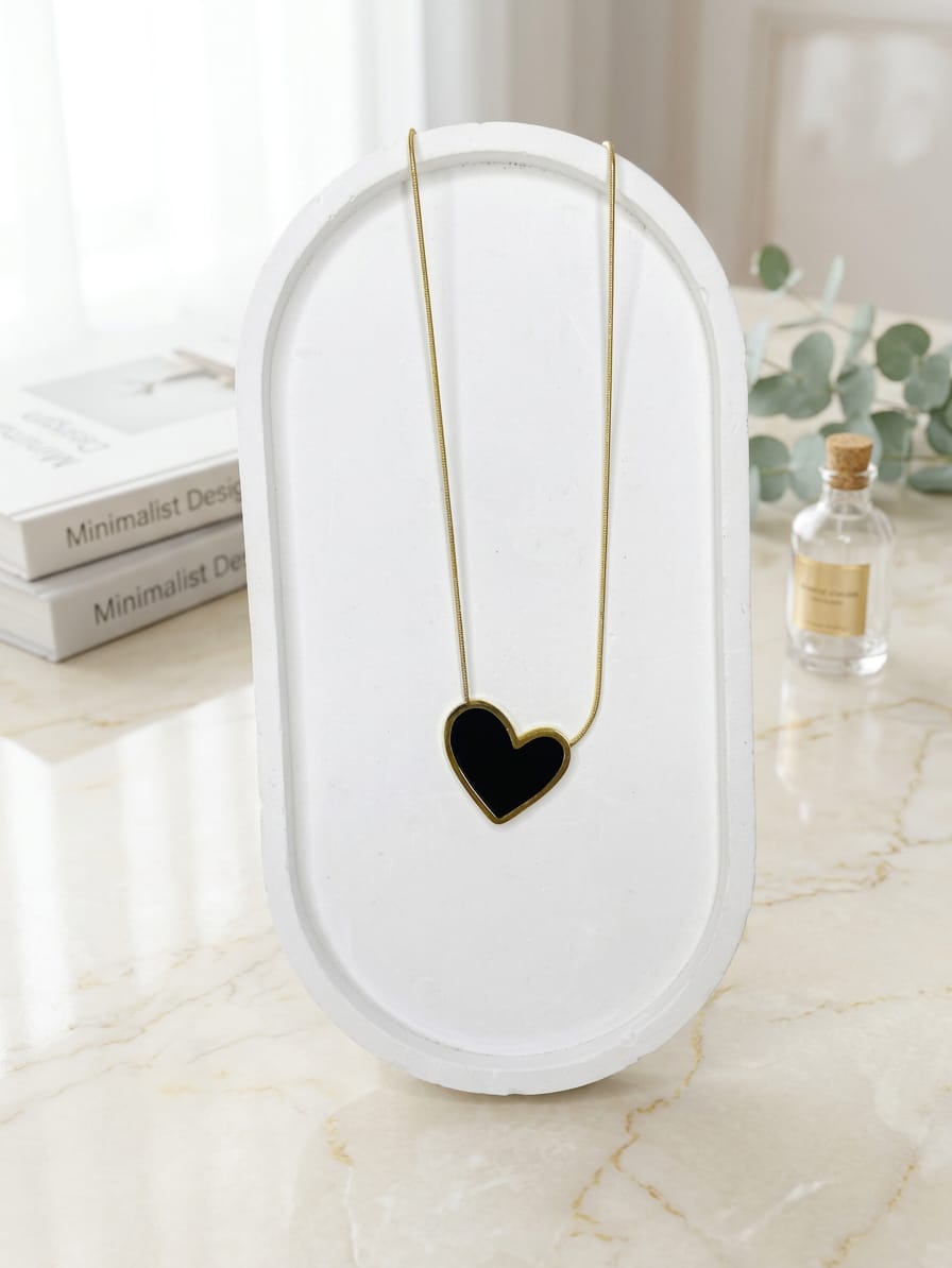 Stainless Steel Black Enamel Heart Pendant Necklace