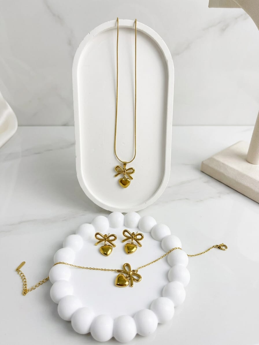 Stainless Steel Bow & Heart Charm Jewelry Set