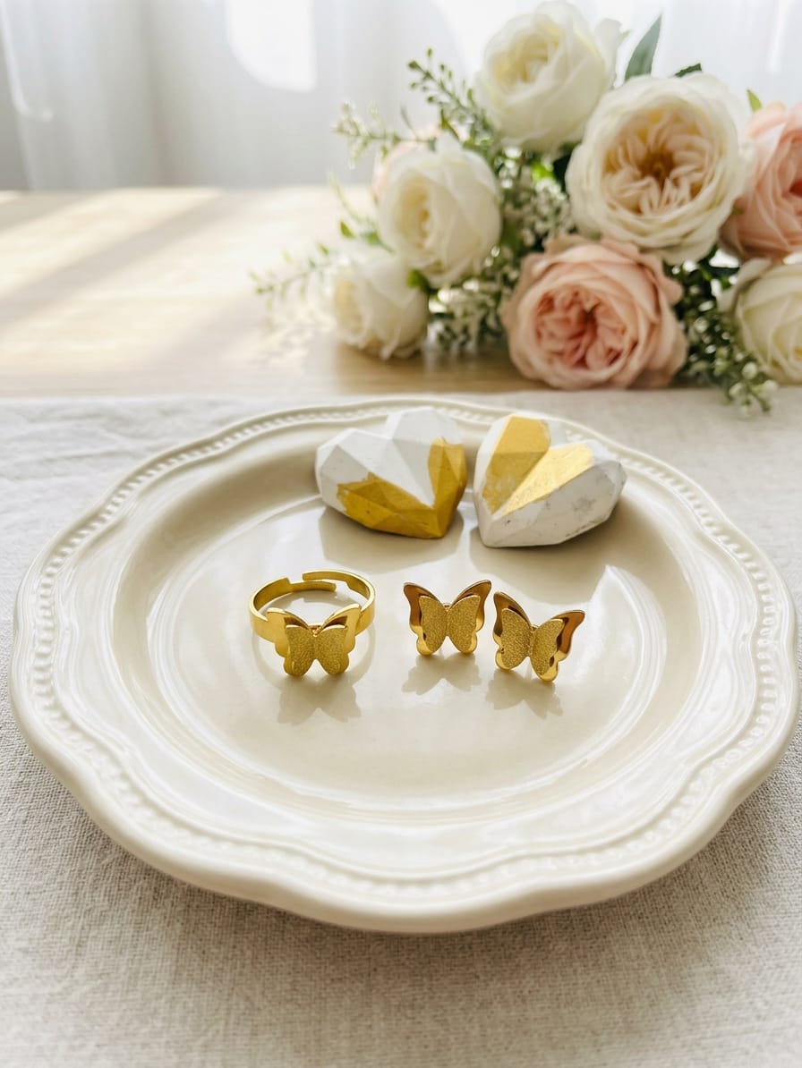 Golden Stainless Steel Butterfly Ring & Earring Set