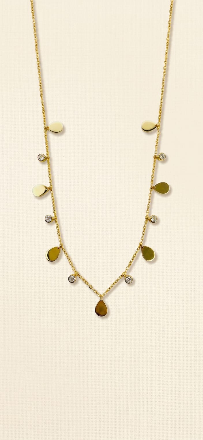 Stainless Steel Golden Waterdrop Pendant Necklace with White Beads