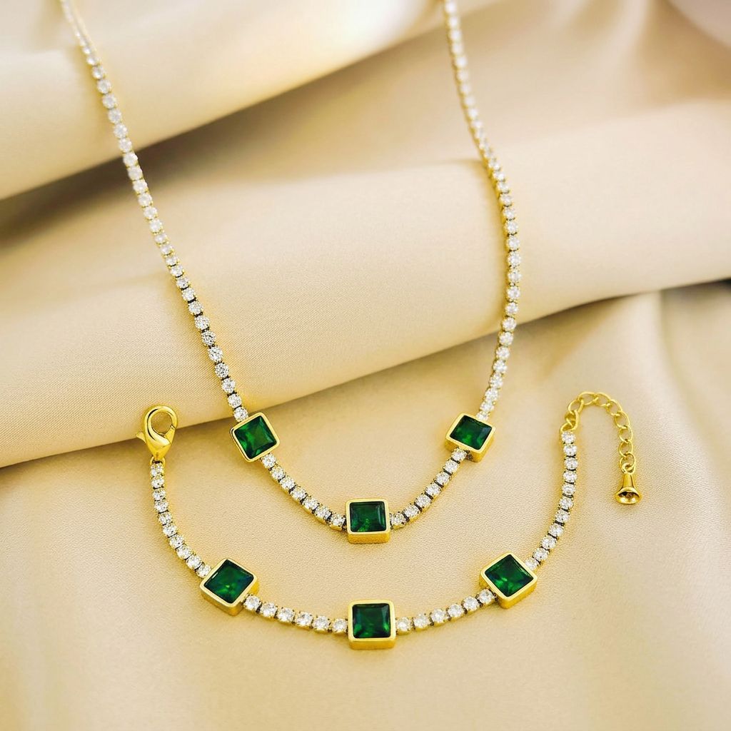 Triple Green Onyx Stainless Steel Necklace & Bracelet Set