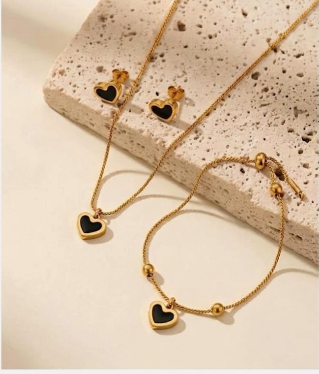 Stainless Steel Black Heart 3-Piece Jewelry Set