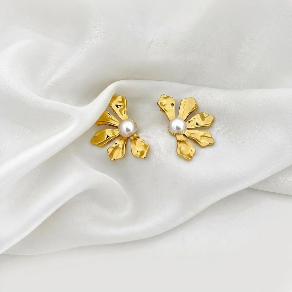 Stainless Steel Flower Earrings with White Beads