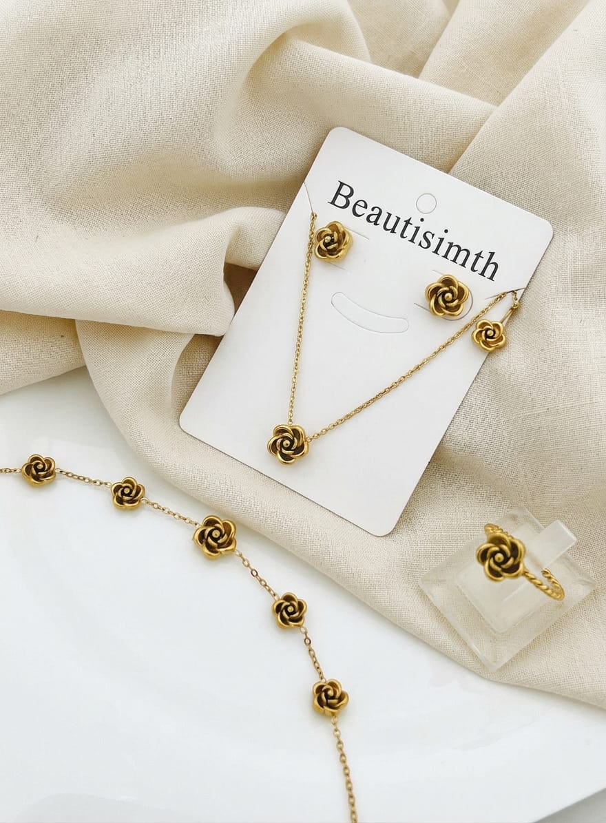 Golden Stainless Steel 4-Piece Flower Jewelry Set