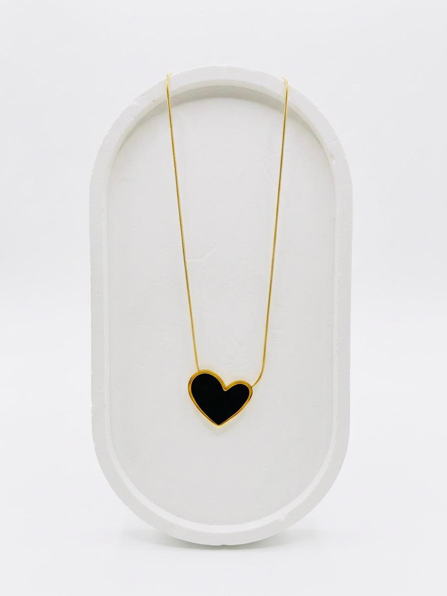 Stainless Steel Black Enamel Heart Pendant Necklace