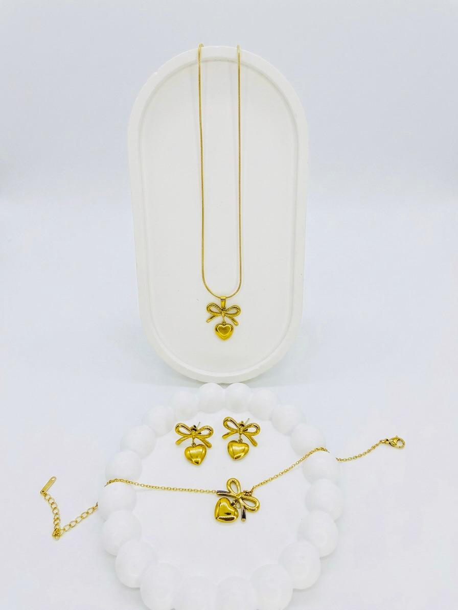 Stainless Steel Bow & Heart Charm Jewelry Set