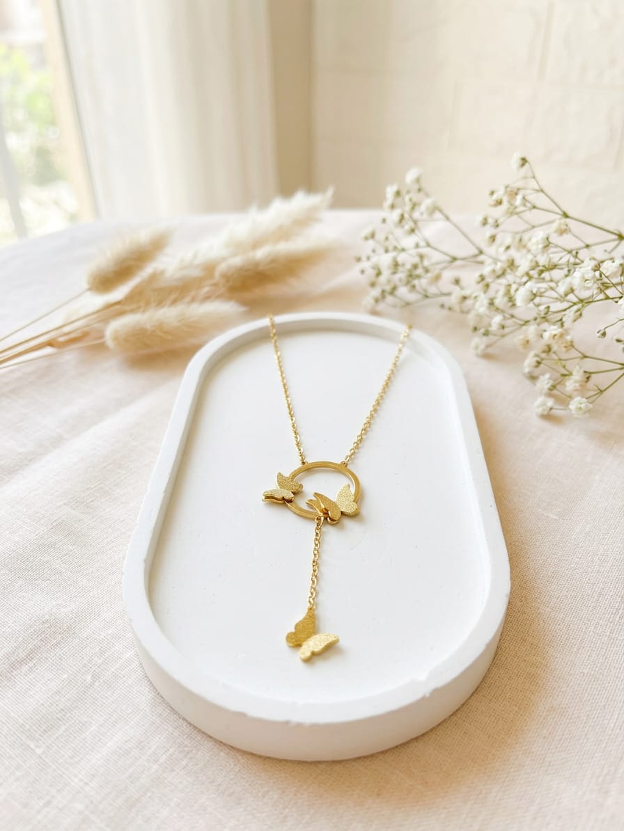 Golden Stainless Steel Triple Butterfly Pendant Necklace