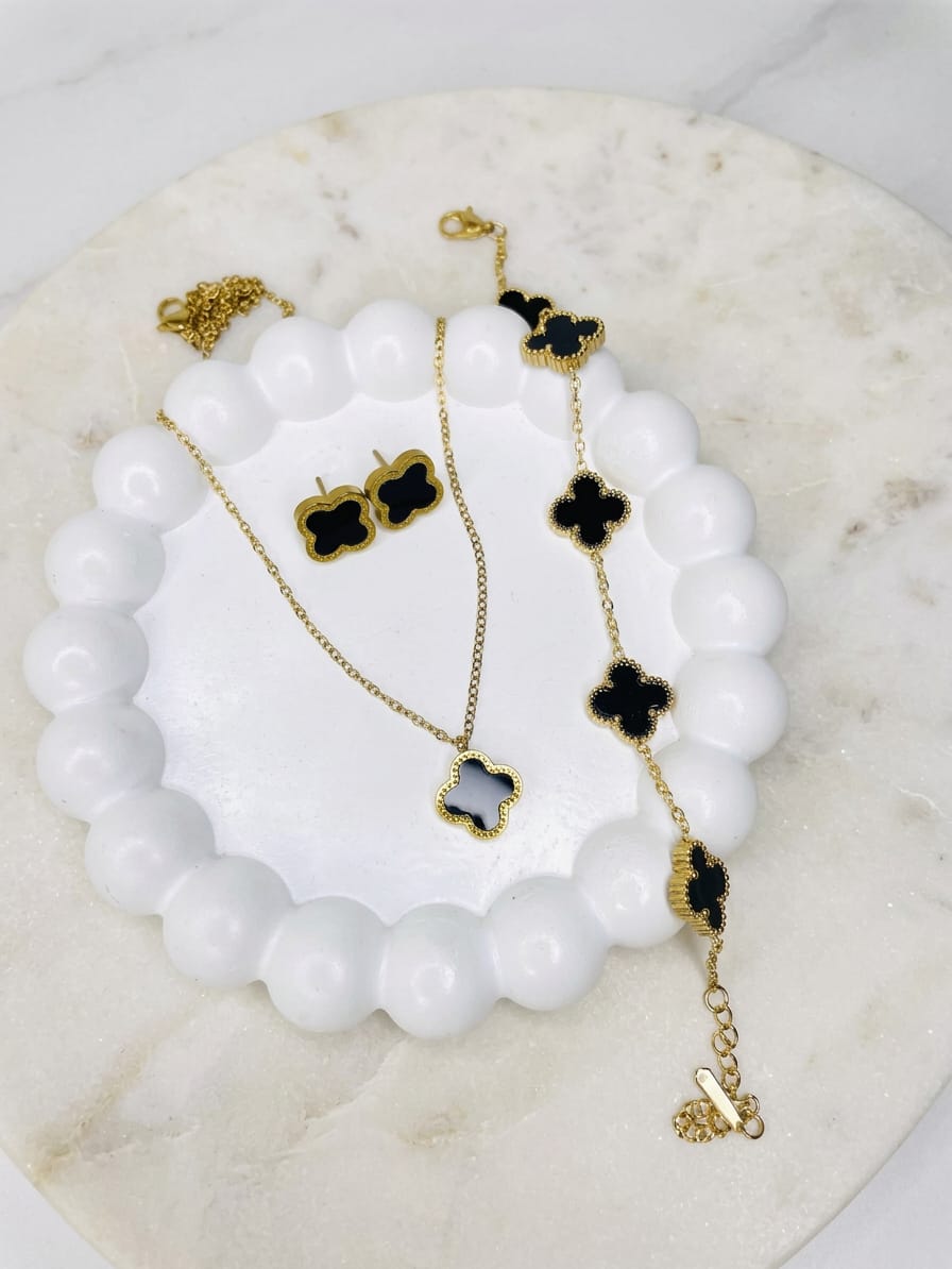 Stainless Steel Black Clover 3-Piece Jewelry Set