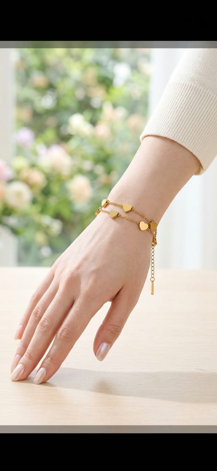 Golden Stainless Steel Double-Layer Heart Bracelet