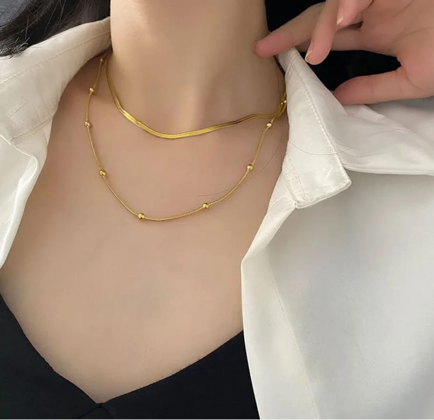 Double-Layer Snake Chain & Beaded Necklace